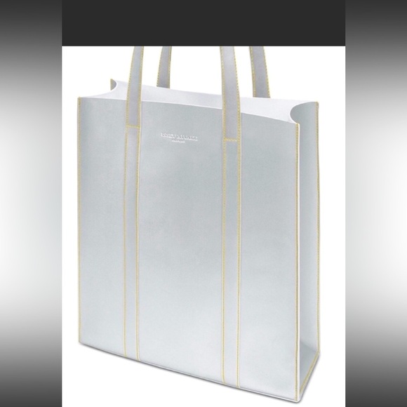 Issey Miyake Handbags - Issey Miyake Parfums Silver Faux Leather Tote Bag Purse Travel Large Shopper NEW